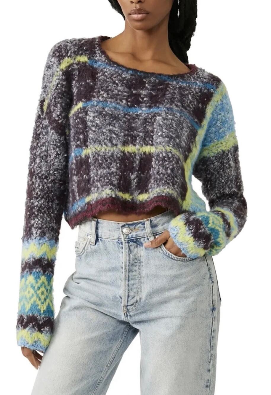 Free People Emerson Cropped Honey Wine Combo Women Pullover Sweater Size S